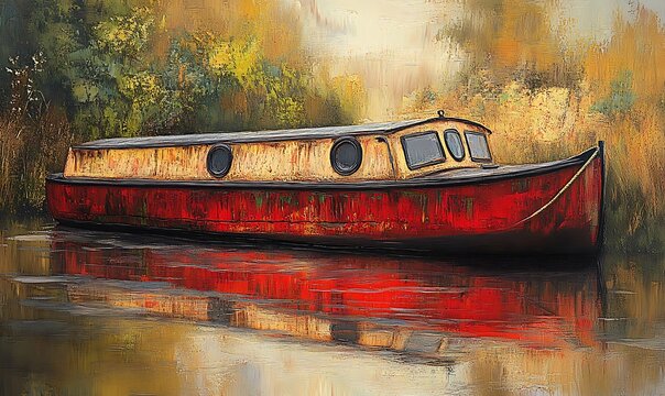 Traditional tole painting of a red canal boat or narrow boat with texture