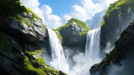Stunning twin waterfalls cascading over rocky cliffs amidst lush greenery under blue sky