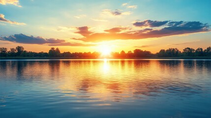 Naklejka premium Serene Sunset Over Still Water reflecting Trees