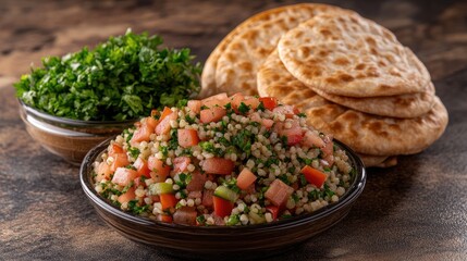 Tabbouleh salad with pita bread, close-up shot