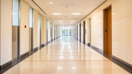 Modern corridor in a contemporary building with polished floors and large windows, showcasing natural light