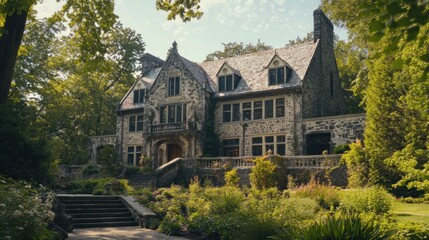 Fototapeta premium Elegant stone manor house nestled amongst lush greenery under a blue sky
