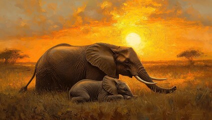 Fototapeta premium A mother elephant and her calf, rolling in the warm golden light of sunset on an African savannah