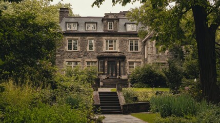 Elegant Stone Mansion with Lush Greenery and Manicured Garden in Summer