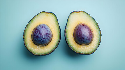 Photo: Two Halves of Avocado Pear on Blue Background