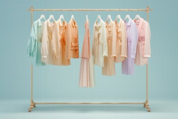 A curated selection of pastel spring essentials neatly arranged on a minimal clothing rack, exuding elegance.