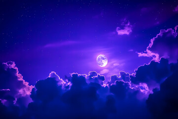Abstract purple night sky with clouds and stars. Dark background for design, concept of a fantasy universe, cosmic theme.
