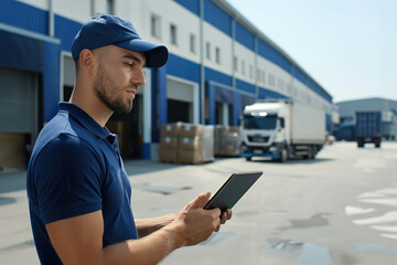 Truck driver reviewing digital route plan on tablet beside modern warehouse