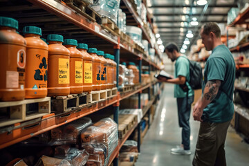 Storage racks filled with liquid chemicals, safety labels visible, workers engaged in conversation nearby
