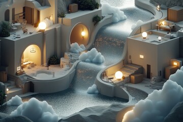 Serene Architectural Fantasy with Flowing Stream and Soft Lighting in a Tranquil Setting