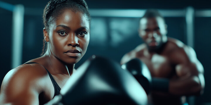 Determined female boxer training with boxing gloves in gym with male boxer