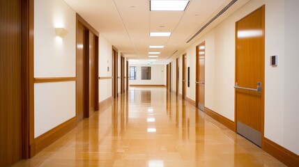 Obraz premium Modern hospital corridor with polished floors, wooden doors, and bright lighting, conveying cleanliness
