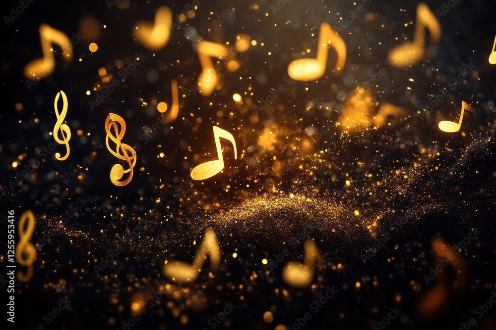 Poster Floating golden musical notes create a magical atmosphere in a dark background filled with sparkling lights