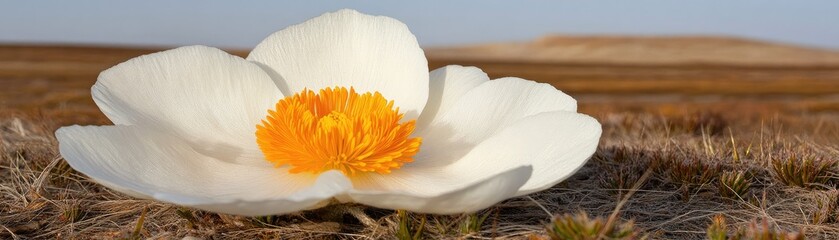Arctic white flower blooms, tundra landscape background, nature photography, website banner