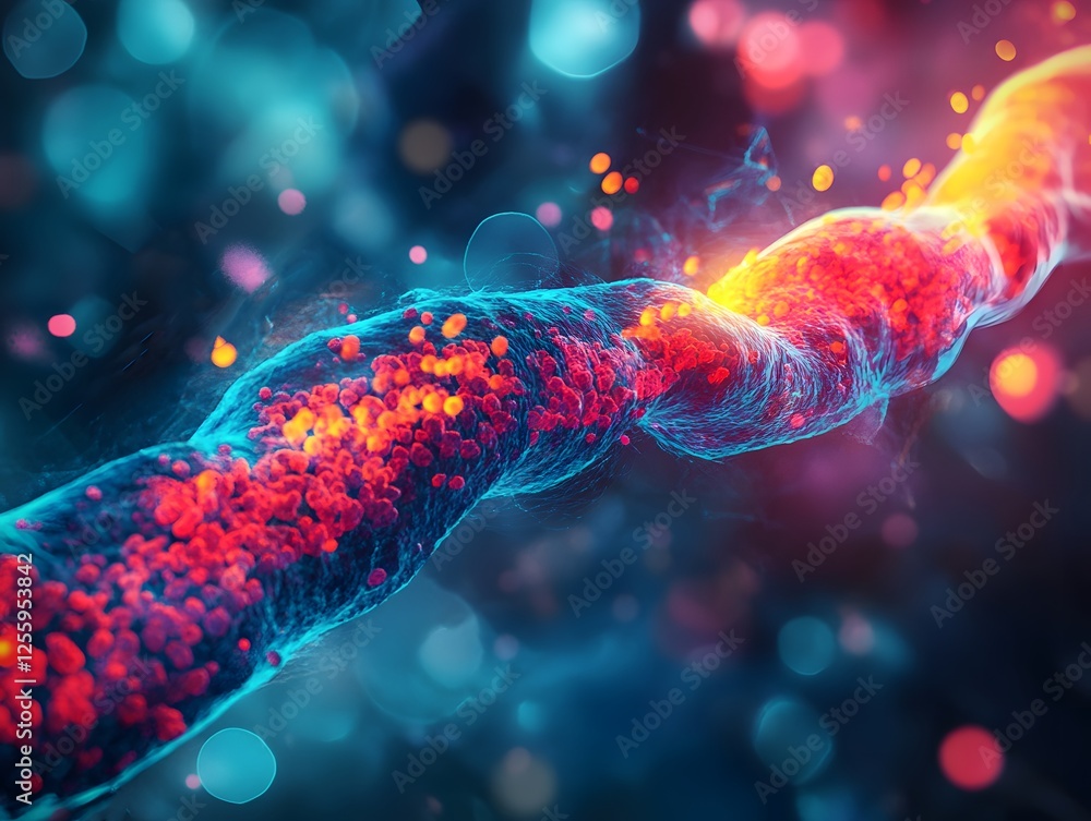 Poster Colorful Abstract Representation of DNA Strand with Glowing Elements