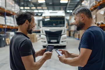 Truck driver and administrator collaborate in warehouse environment, consulting tablet for efficient route planning