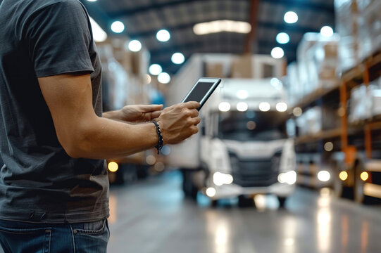 Modern warehouse interior featuring experienced manager analyzing tablet, orchestrating truck deliveries and storage operations