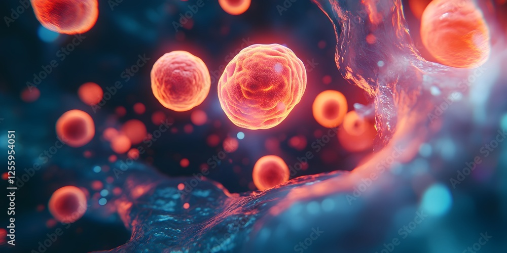 Poster abstract close-up of glowing cells in a colorful biological environment