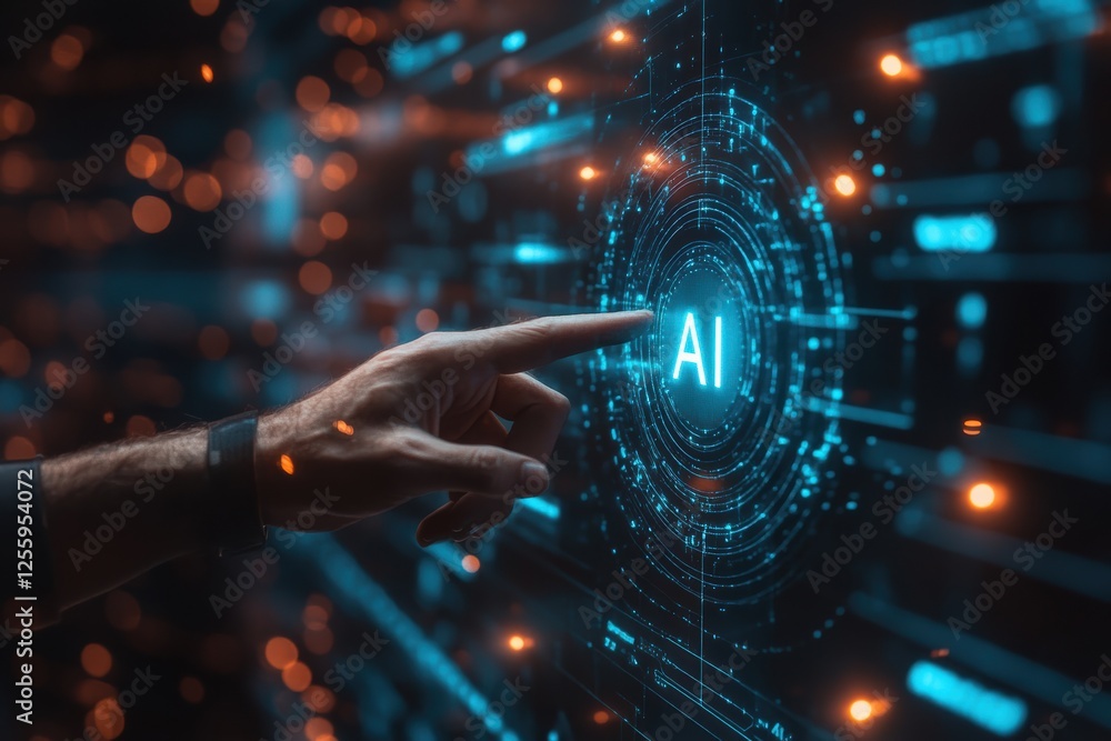 Poster man interacting with a hologram of artificial intelligence in a dark blue environment