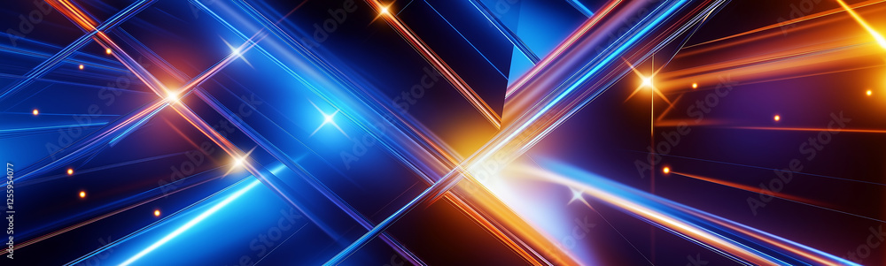 Poster abstract orange and blue lines crossing with sparkling stars on black background