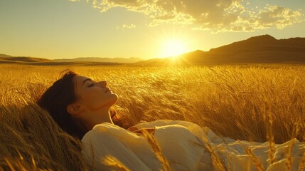 Woman relaxing in golden wheat field at sunset