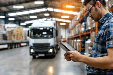 Warehouse scene displaying senior manager coordinating tablet commands, scheduling trucks and organizing inventory