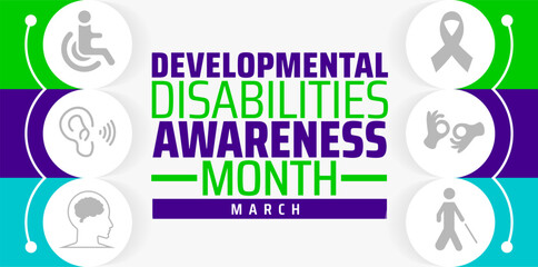 Developmental Disabilities Awareness Month background banner or poster design template. observed every year in March. Holiday concept. Use to any Template, card, poster, placard, template.