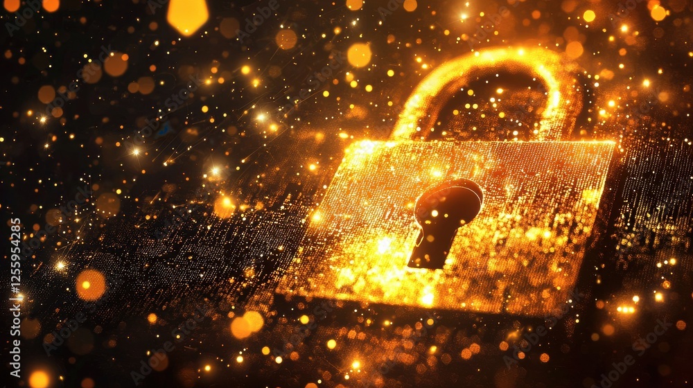 Poster abstract golden lock graphic design, glowing particles and sparks, dark background with bokeh, artis