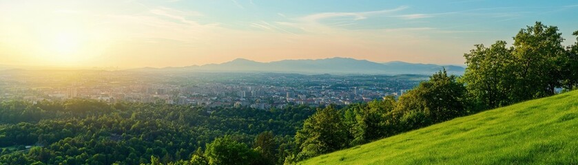 Fototapeta premium Understanding Environmental Impact: Climate Change and Pollution Awareness, Scenic landscape view with a sunset over a city, featuring lush greenery and distant mountains.