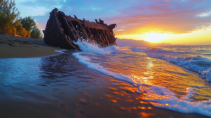 Abandoned shipwreck on a serene beach at sunset, with waves gently lapping at the shore