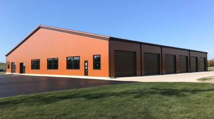 Obraz premium Modern storage facility with multiple garage doors, set against a clear blue sky and green grass