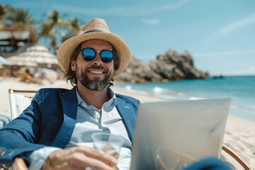 Cheerful businessman works on his laptop confidently while relaxing on a vibrant, sunlit beach