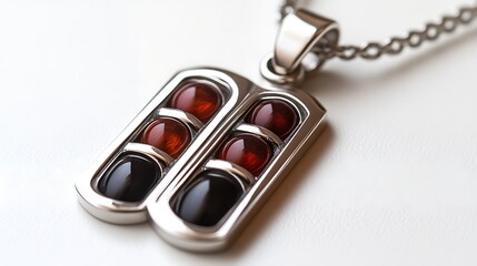 Elegant Silver Necklace Pendant Featuring Red And Black Stones