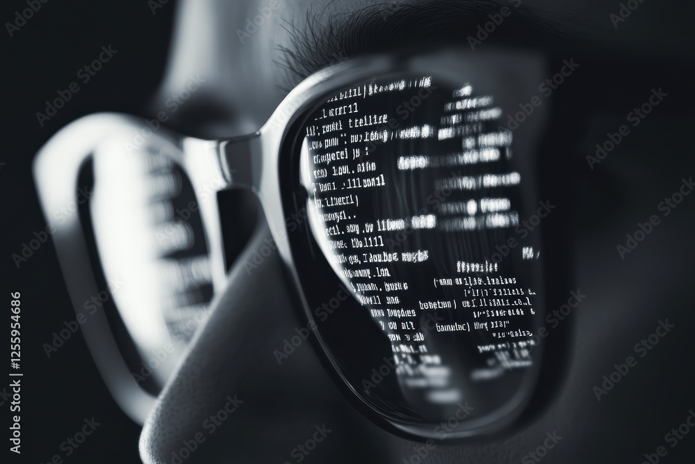 Poster programmer works on code reflecting in glasses during late night session