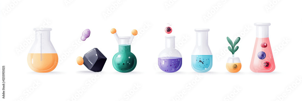 Poster colorful beakers with liquids and assorted objects