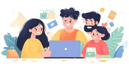 Happy family using laptop for online shopping together at home.