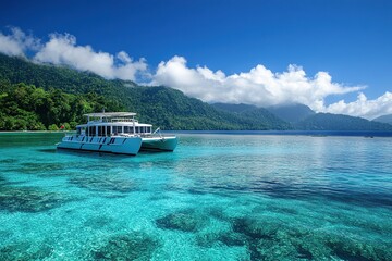 A luxurious catamaran is docked at the edge of turquoise waters, surrounded by lush green islands
