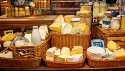 Defocused Various types of cheese and dairy products displayed in a market setting
