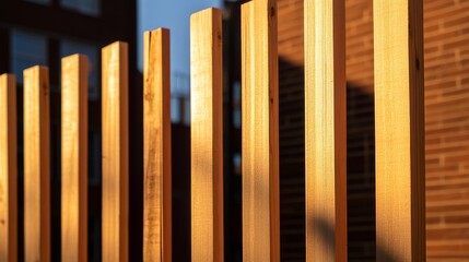 Wooden fence bathed in golden sunlight with urban buildings in the background during sunset
