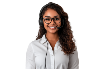 Back female call center worker with handset, isolated background