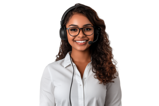 Back female call center worker with handset, isolated background