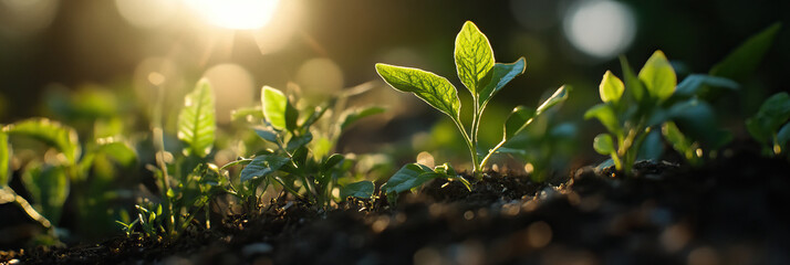 Young Plants Emerging from Soil in Sunlight
