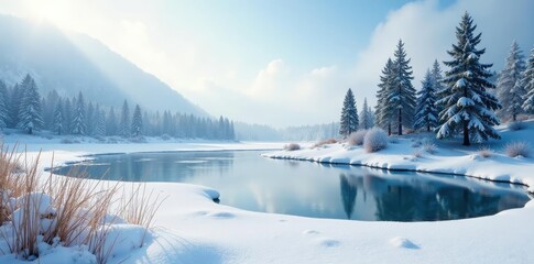 A snowy meadow with a frozen pond and pine trees, pond, frozen lake