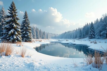 A snowy meadow with a frozen pond and pine trees, scenery, winter
