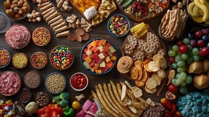 An array of colorful processed foods arranged artistically on a wooden table, showcasing the variety and convenience of modern dietary options