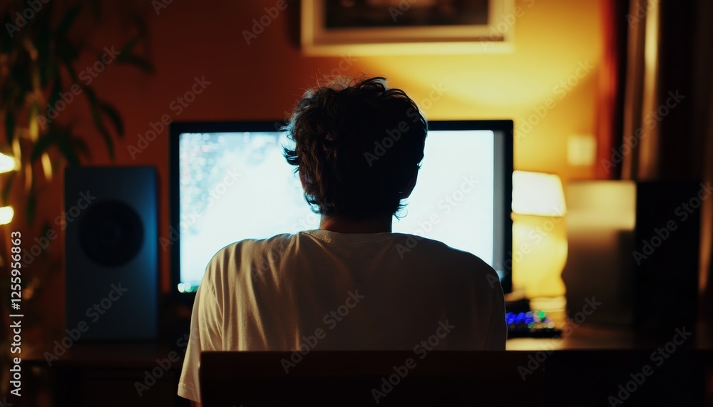 Poster gamer engrossed in online gameplay at home with high performance personal computer setup