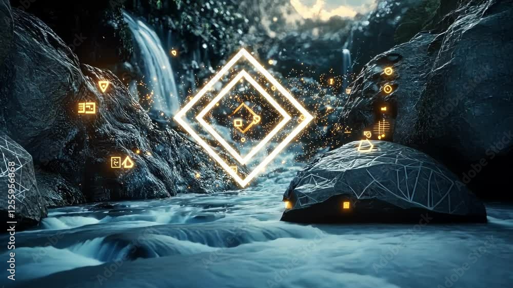 Poster streams of digital information flow like rivers through a virtual landscape with icons symbolizing a
