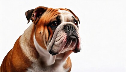 Fototapeta premium Bulldog in profile showcasing distinctive features against a plain background on white background