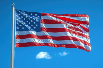 Fototapeta premium Waving US flag against a clear blue sky showcasing national pride and symbolism