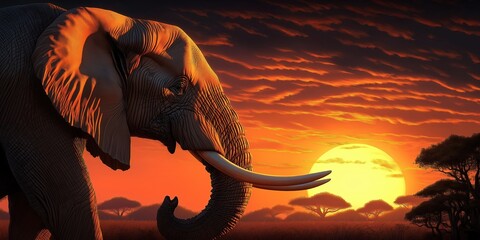 Large elephant is walking through a field with a sunset in the background